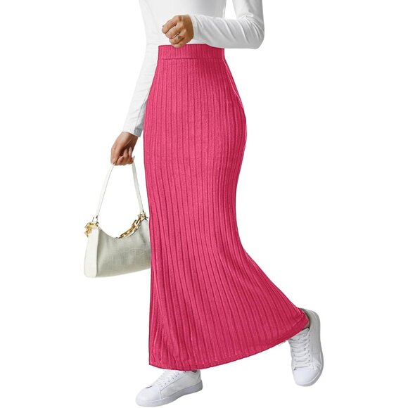 Dresses & Skirts - Women's Rose Pink Ribbed Knit Pencil Side Slit Waist Bodycon Long Midi Skirt